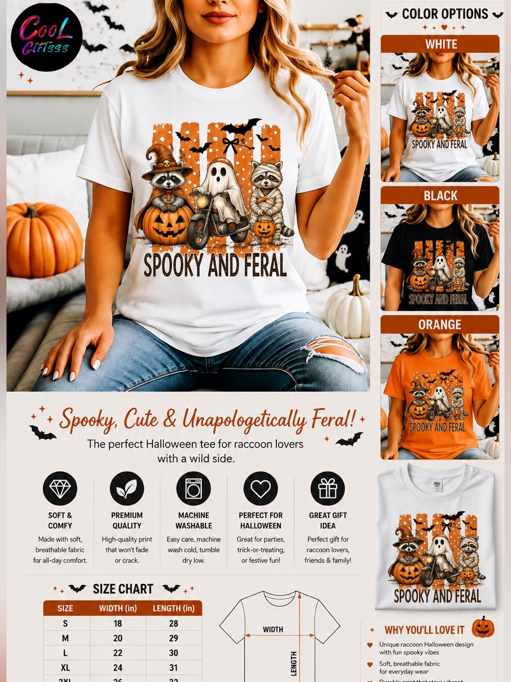 Halloween Raccoon & Ghost Graphic Tee funny cute New made to order S M L XL - Picture 3 of 7
